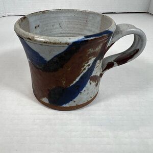 Signed Studio Pottery Mug Blue Brown Gray Drip Glaze Handmade Stoneware
